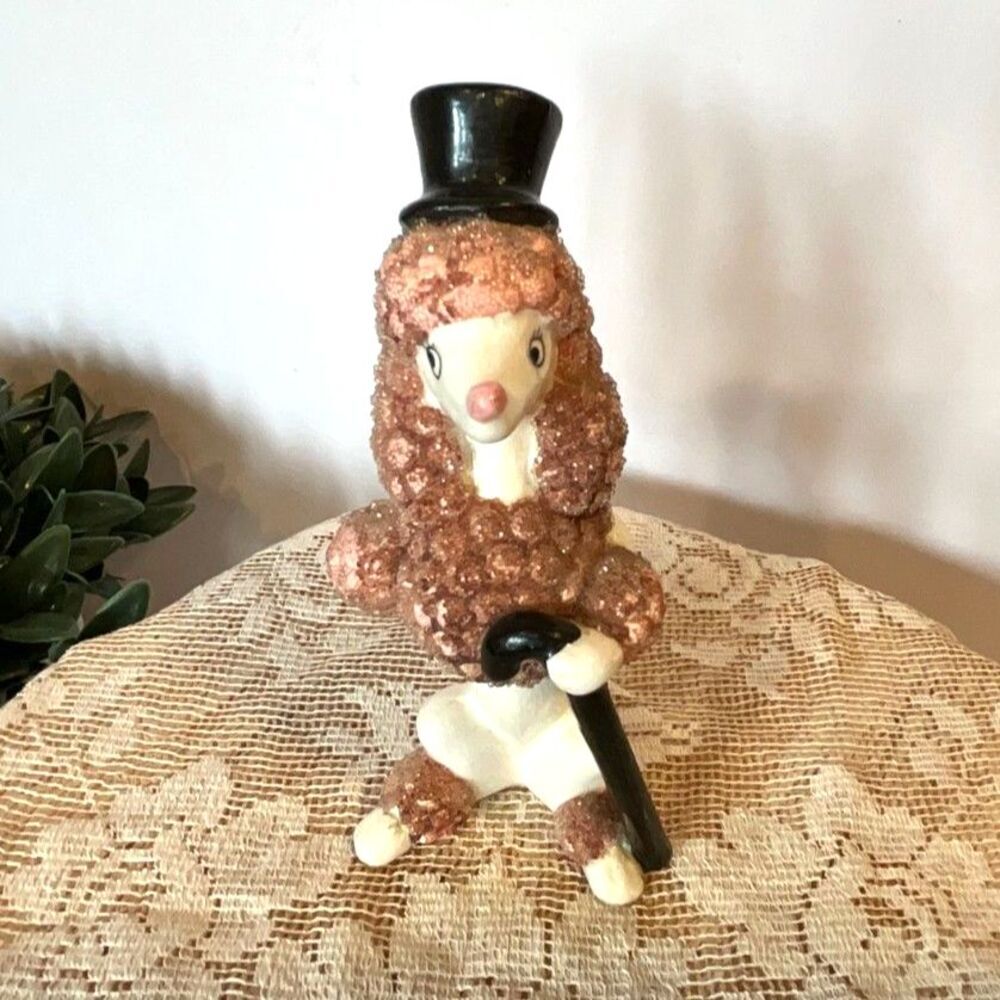 Mid Century Modern Pink and White poodle top hat and cane vintage made in Japan